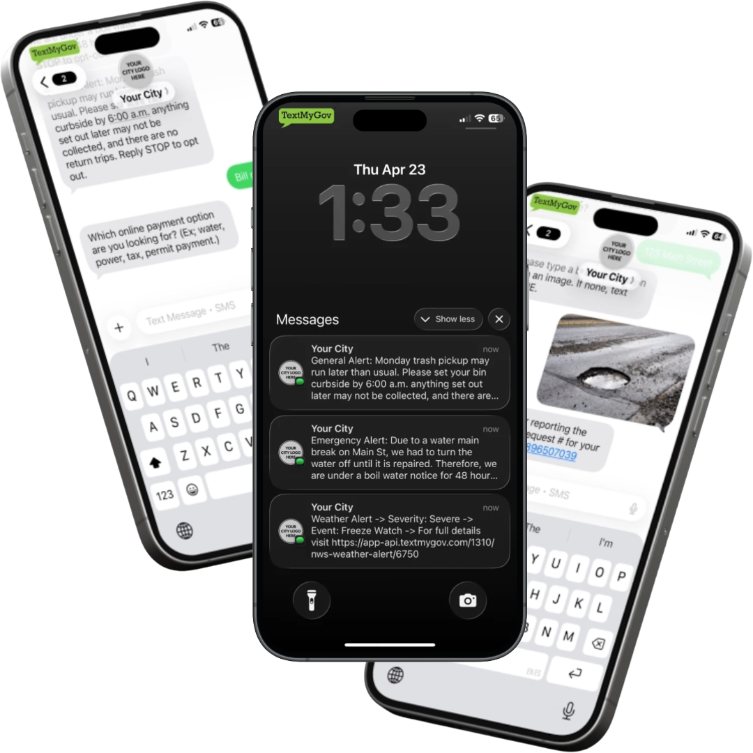 3 phones displaying how TextMyGov works
